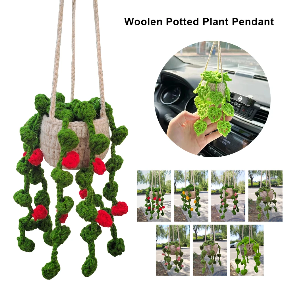 Mirror Potted Plant Pendant Hand-crocheted Flower Basket Car Hanging Ornament - £10.69 GBP+