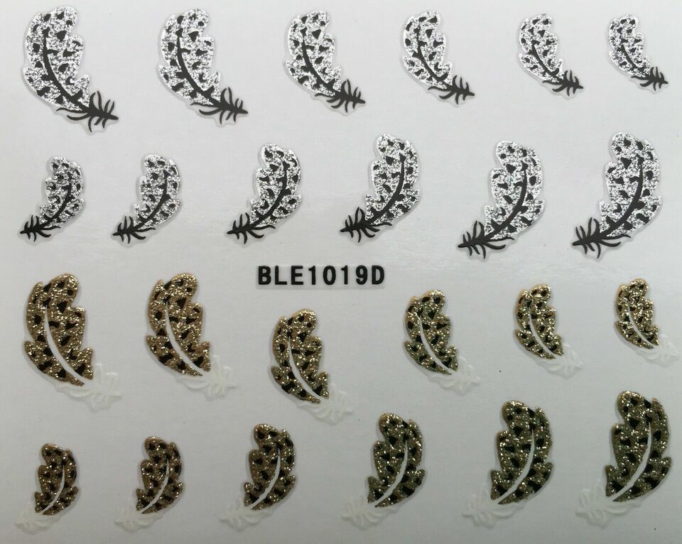 Nail Art 3D Glitter Decal Stickers Feathers Silver Gold BLE1019D - $2.99