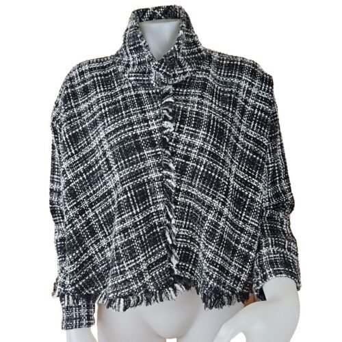 Primary image for Zara Tweed Fringed Top Womens M Black White Plaid Funnel Mock Neck Crop Pullover