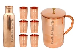 Copper Plain Smooth Bottle Water Pitcher Jug 6 Drinking Tumbler Glass Set Of 8 - £62.24 GBP