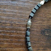 Vintage Glass Stone Bead Necklace, Black White Choker 16", Onyx Quartz image 8