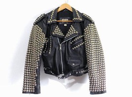 Men&#39;s Full Black Brando Punk Silver Spiked Studded Cowhide Leather Jacket Silver - £208.58 GBP
