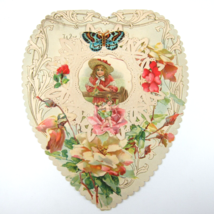 Antique Valentine Die cut Heart LARGE Girl Red Dress Hat Butterfly Cupid Flowers - $19.99