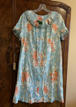 Vtg KOMAR Mod House Dress Robe Coat Retro Aqua floral Granny Core 70s/80s USA - £38.10 GBP