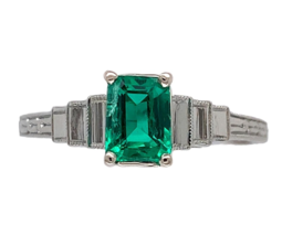 18k White Gold Art Deco .46ct Genuine Natural Emerald Ring Size 5 (#J7417) - $1,019.70