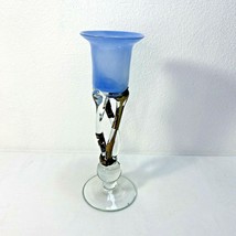 Art Glass Hand Blown Twisted Clear Blue Candle Holder Melted Bronze Metal 12&quot; - £30.85 GBP