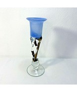 Art Glass Hand Blown Twisted Clear Blue Candle Holder Melted Bronze Meta... - £30.19 GBP