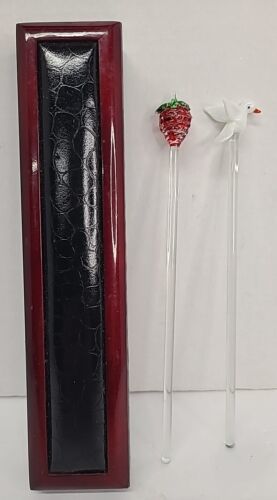 Pyrex Swizzle Stick Drink Stirrer Set Of 2 With Box Strawberry Dove Vintage  - £19.77 GBP