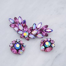 Sparkling Regency Spiked Brooch Earring Set Pink Purple Sharp Navette Rhinestone - £176.13 GBP