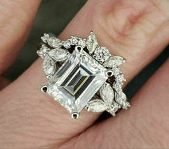 Bridal Wedding Ring Set 3.00Ct Emerald Cut Diamond 14k White Gold Over Size 7.5 - £126.72 GBP
