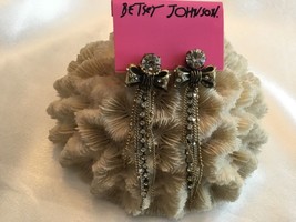 Betsey Johnson Statement Earrings Rhinestone Chain Dangle Bow Gold Tone - £28.09 GBP