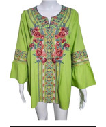 NEW Calessa Women&#39;s 2X Floral Embroidered Tunic Shirt Green 3/4 Sleeve B... - $40.08