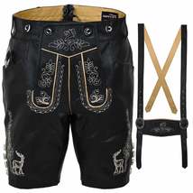 Oktoberfest Leather Short Black Lederhosen Albert Traditional Bavarian Costume - £108.95 GBP