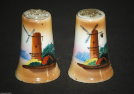 Mini Porcelain Pair Salt &amp; Pepper Shakers Windmill Pattern w Gold Trim J... - £6.22 GBP