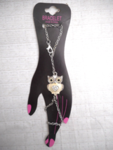 Women Beige Tan Owl Enamel Rhinestone Slave Bracelet Chain Link Finger Ring READ - £6.38 GBP