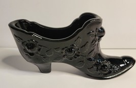 Fenton Black Glass Slipper with Heel Cabbage Rose image 3
