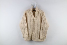 Vtg 90s Womens S Distressed Donegal Irish Wool Fisherman Knit Full Zip Sweater - $39.55