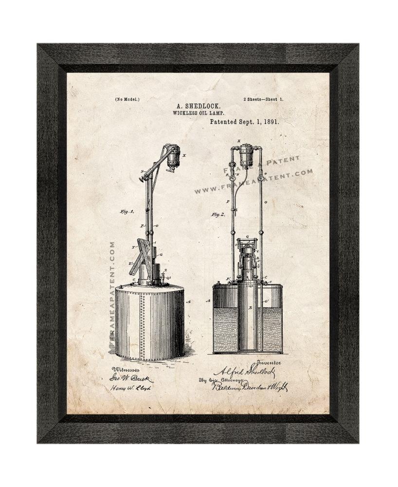 Wickless Oil Lamp Patent Print Old Look with Beveled Wood Frame