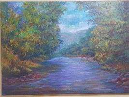 Original painting, scenery, light shining on the trees, clear water stream - £387.02 GBP