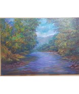 Original painting, scenery, light shining on the trees, clear water stream - $492.00