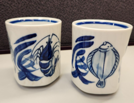 Set Of 2 Japanese Teacups Blue &amp; White Kanji Caligraphy 4” Mid-century F... - $62.40