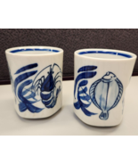 Set Of 2 Japanese Teacups Blue &amp; White Kanji Caligraphy 4” Mid-century Fish - £48.93 GBP