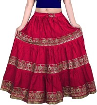 Handmade Ethnic Rajasthani Flared Women Skirt Gold Print Elastic Waist Dark Pink - £17.79 GBP