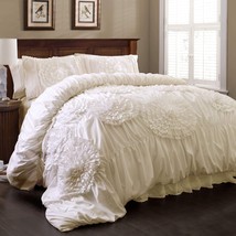 Lush Decor Serena Comforter Ivory Ruched Flower 3 Piece Set, King - £87.92 GBP