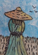 ACEO Original Woman Hat Landscape Acrylic Painting Signed Collectible ATC Art - £1.45 GBP