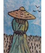 ACEO Original Woman Hat Landscape Acrylic Painting Signed Collectible AT... - $1.82