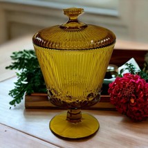 Vintage Depression Amber Candy Dish with Lid Glass Ribbed Design - £24.65 GBP
