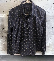 Chaps Denim Women&#39;s SIZE Medium Blue Paisley Ruffled Front Long Sleeved ... - $20.30
