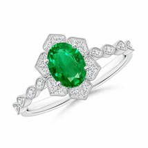 ANGARA Oval Emerald Trillium Floral Shank Ring for Women in 14K Solid Gold - £1,750.84 GBP