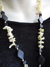 White and Pink Polished Seashell Chip and Ebony Wood Diamond Beads 30&quot; Necklace - £18.97 GBP