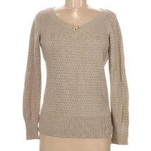 DKNY Sweater Women&#39;s Medium Beige Knit V-Neck Cotton Blend Long Sleeve P... - £13.44 GBP