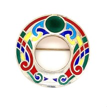 Vintage Signed Sterling Retro Colorful Enamel Mandala Design Open Circle Brooch - £66.19 GBP