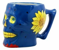 Blue Day of The Dead Floral Sugar Skull Coffee Mug In Bright Colors Drink Cup - £17.85 GBP