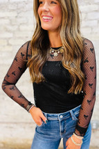 Black Bow Pattern Accent Mesh Long Sleeve Top - $125.55 MXN