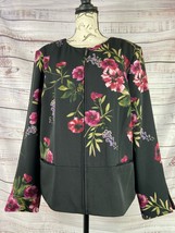 Susan Graver Floral Stretch Woven Cropped Jacket Womens 14 Lined Zip Pockets - £21.51 GBP