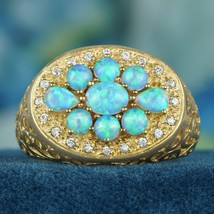 Natural Opal Diamond Vintage Style Cluster Carved Ring in Solid 9K Yellow Gold - £865.29 GBP