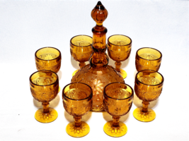Vintage Tiara SANDWICH AMBER Decanter And Set Of 8 MATCHED 4¼&quot; Wine Glasses - $64.32