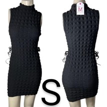 Black Bubble Textured Mock Neck Side Lace Up Tie Stretchy Bodycon Mini D... - $39.98