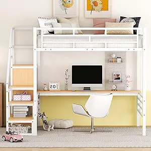 Metal Full Size Loft Bed With Desk And Storage Staircase, Multifunctiona... - $863.99