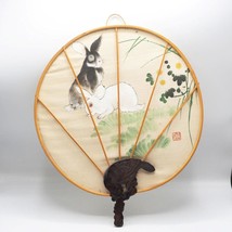 Rabbit Large Fan Wall Decor Hanging Vintage Silk Bamboo - $123.93