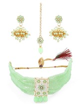 Green Meenakari Crystal Beads Multistrand Necklace Earring &amp; Maangtikka ... - $39.58