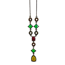 Vintage Multi Colored Crystal Art Deco Style Necklace Bronze Colored Chain - £19.78 GBP