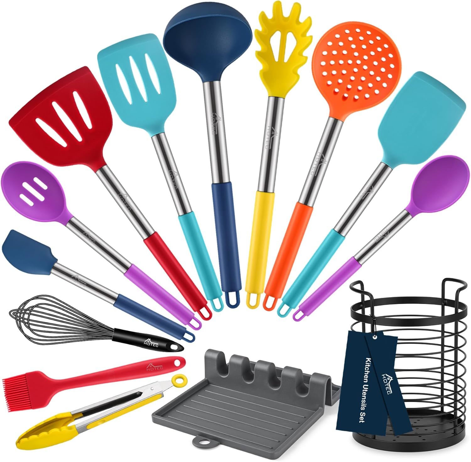 Hotec Heat Resistant Silicone Kitchen Utensils, Cooking, 14Pcs Multicolor - $35.99