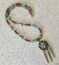 Goldstone &amp; Turquoise Blue Glass Beaded Necklace w Steer Skull Pendant - $10.00