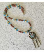 Goldstone &amp; Turquoise Blue Glass Beaded Necklace w Steer Skull Pendant - £7.85 GBP