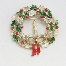 Christmas Wreath Candle Gold Holly Brooch Signed Gerrys - £19.38 GBP